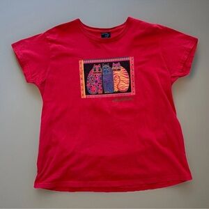 Vintage Laurel Burch Cats T Shirt Sz Xl Red Womens Boxy Top Artsy Made USA Y2K